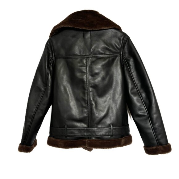 SO Faux Leather and Fur Moto Flight Aviator Bomber Jacket - Picture 5 of 14